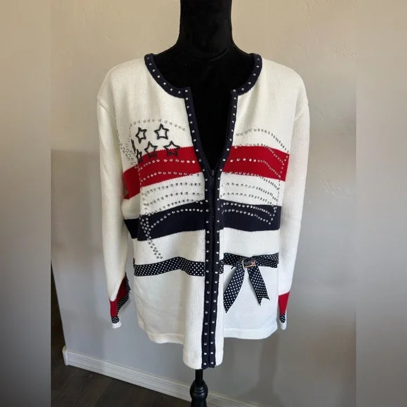 Storybook Knits Cream Starts and Stripes Sweater. Size Large - Picture 1 of 7
